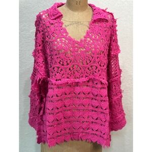 A Rare Bird Pink Heart Crochet Lace Boho Festival Top V-Neck OS Bell Sleeve NWT